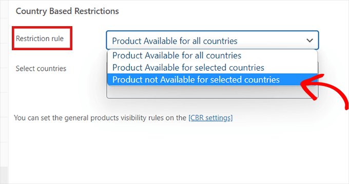 Select Product not available for selected countries option