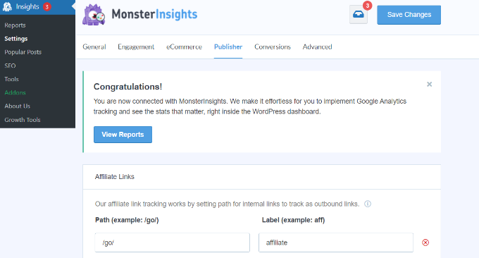 MonsterInsights 中的发布商设置