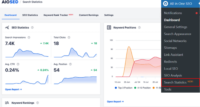 AIOSEO Search Statistics dashboard