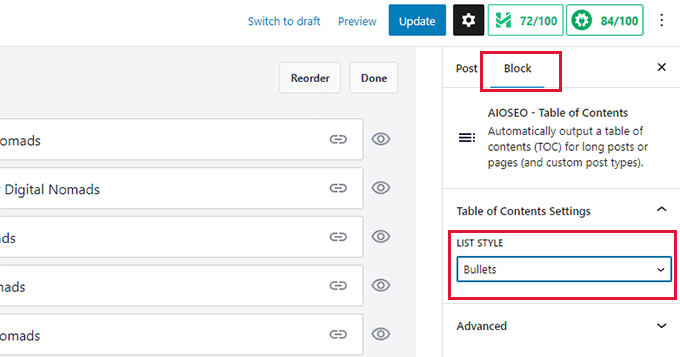 Table of Content list styles