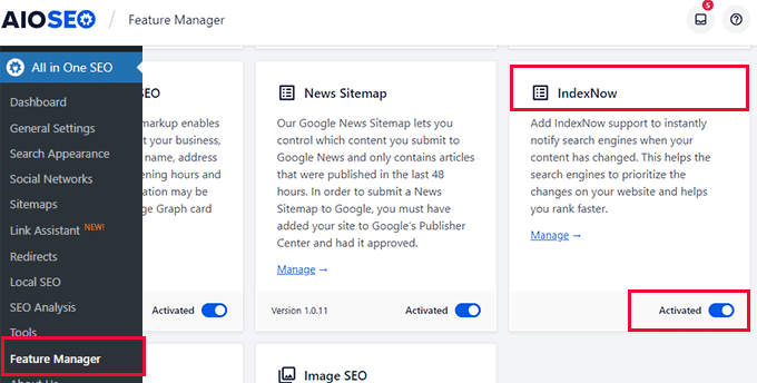 Turn on IndexNow in All in One SEO