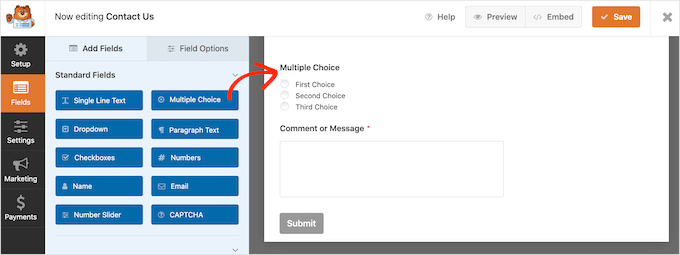 The WPForms 'multiple choice' field