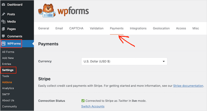 WPForms' payment settings