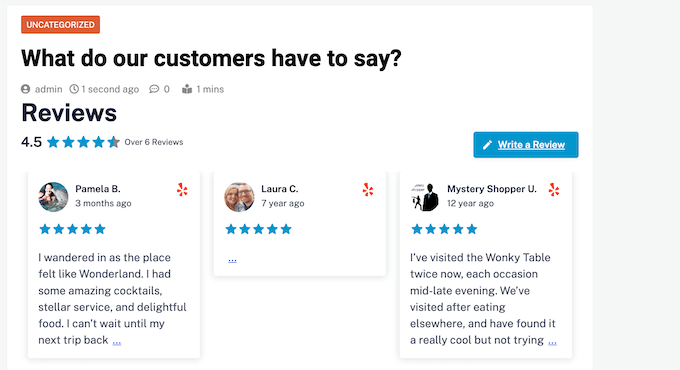 Yelp reviews, embedded on a WordPress website