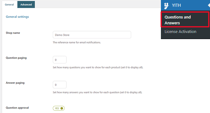 YITH Questions and Answers settings
