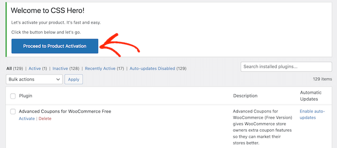 Activating the CSS Hero WordPress plugin