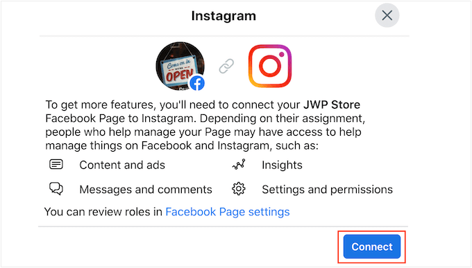 Giving Facebook permission to access your Instagram