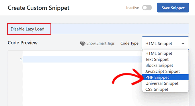 为代码片段选择 PHP 代码类型以禁用延迟加载