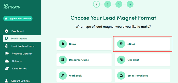 Select the ebook option in Beacon dashboard