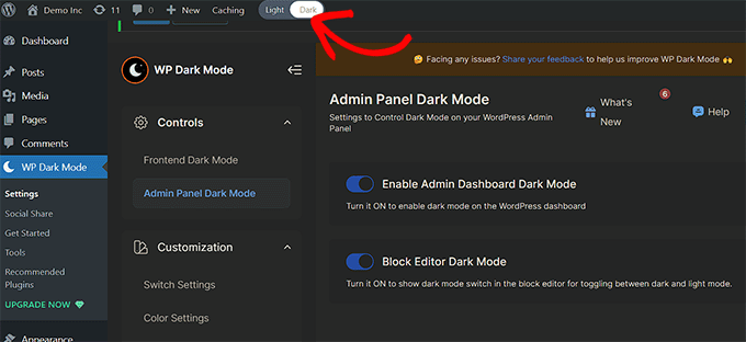 Toggle the dark mode switch in WordPress dashboard