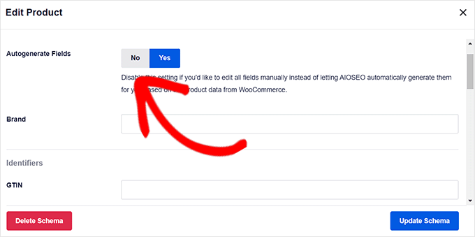 Toggle the Autogenerate fields switch to No