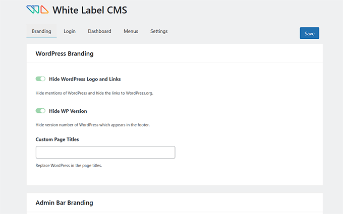 White Label CMS branding section