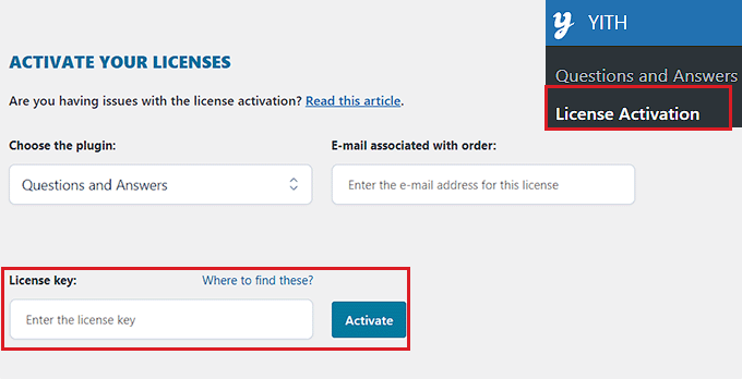 使用许可证密钥激活您的 YITH 插件