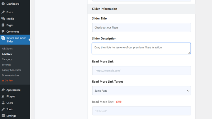 Customizing the before and after slider