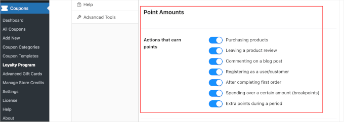 Point amounts toggle