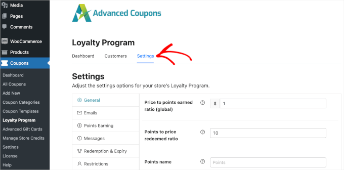 The Settings tab in Advanced Coupons