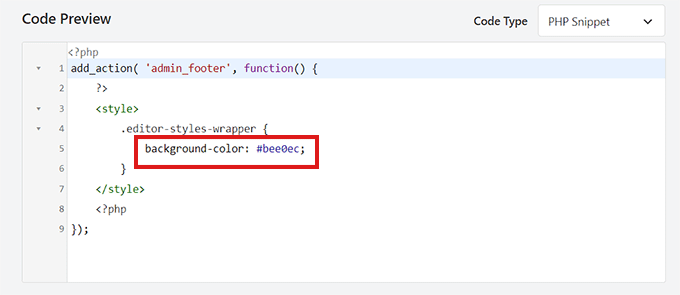 Paste the code snippet for changing the editor background color