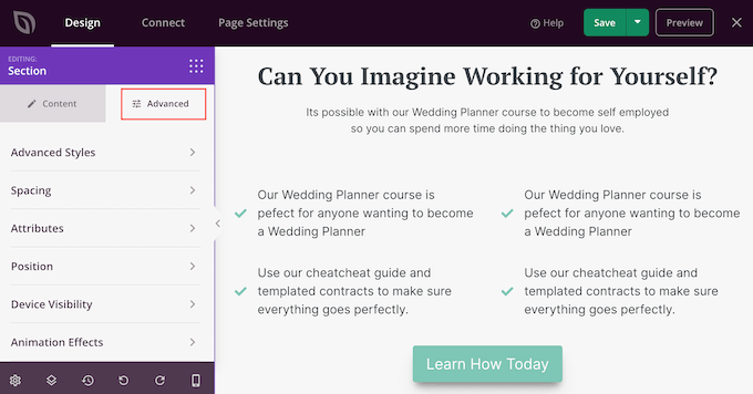 SeedProd's 'Advanced' settings