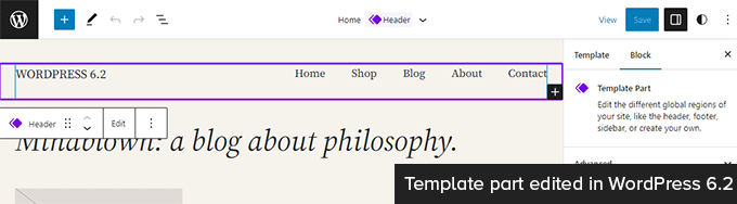 Template part edited in WordPress 6.2
