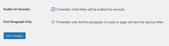 Configure Initial Letter plugin settings