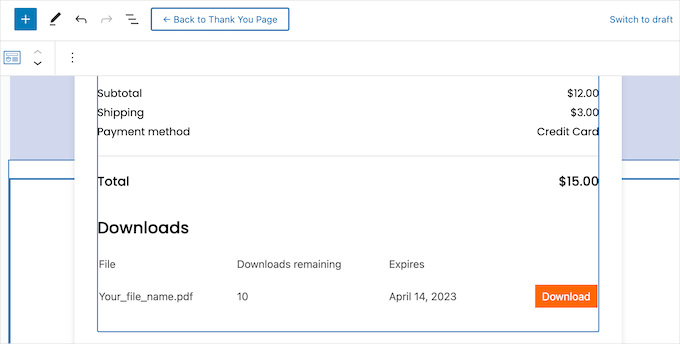 Showing digital downloads information on a custom WooCommerce 'order confirmed' page