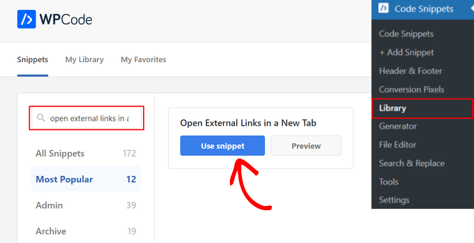 Find the snippet for opening external links in a new tab from the library