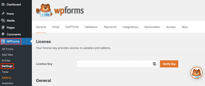 Adding a license key to the WPForms form builder plugin