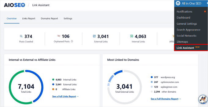 AIOSEO Link assistant dashboard