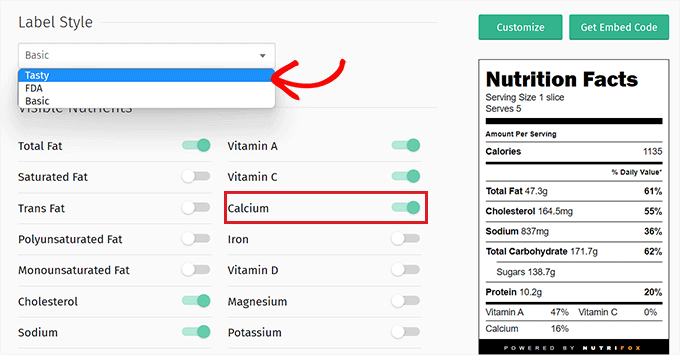 Customize nutrition facts labels