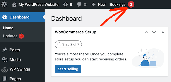 WordPress 仪表板中的预订通知