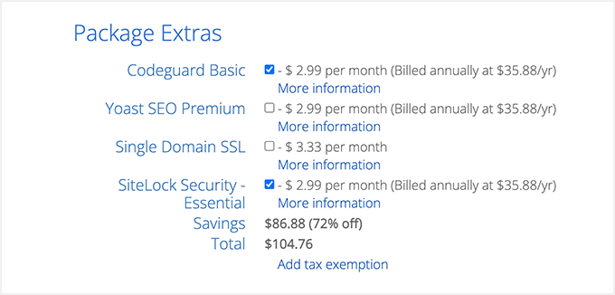 Bluehost 套餐附加功能