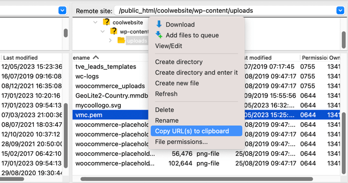 使用 FTP 客户端复制 vmc.pem URL