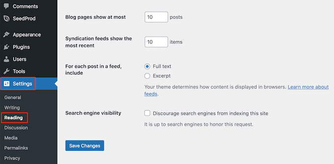 The WordPress reading settings