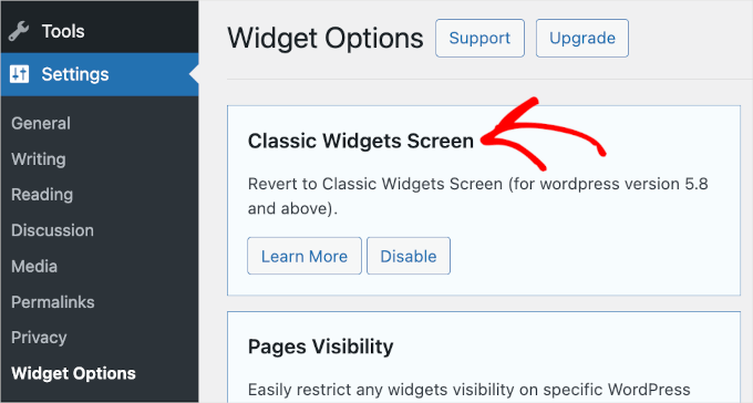 Classic Widgets Screen' option enabled in Widget Options