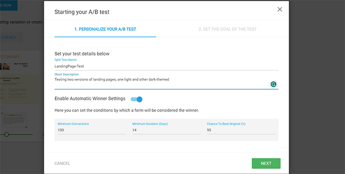 A/B test settings