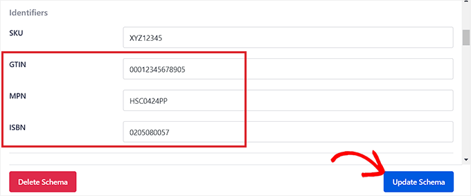 Add the ISBN, GTIN, or MPN and click Update Schema button