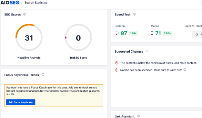 Content rankings report data in All in One SEO