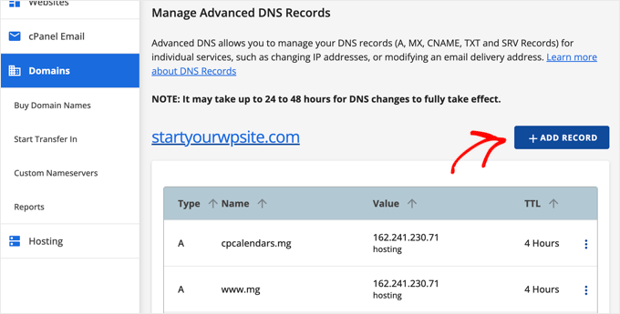 Adding a DNS Record in Bluehost