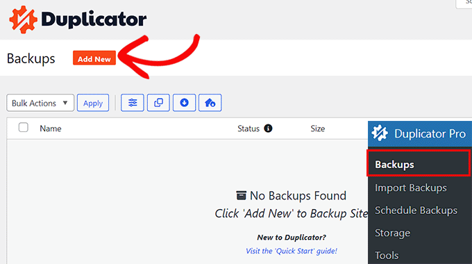 Click Add New button to build a backup