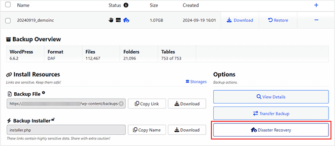 Click the Disaster Recovery option