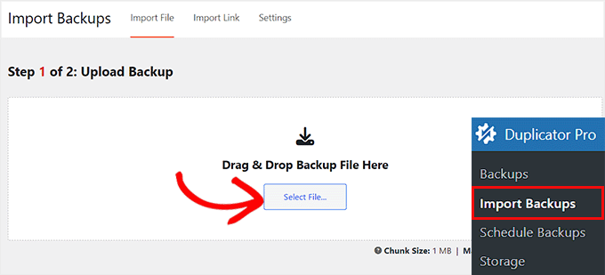 Select and import your backup file