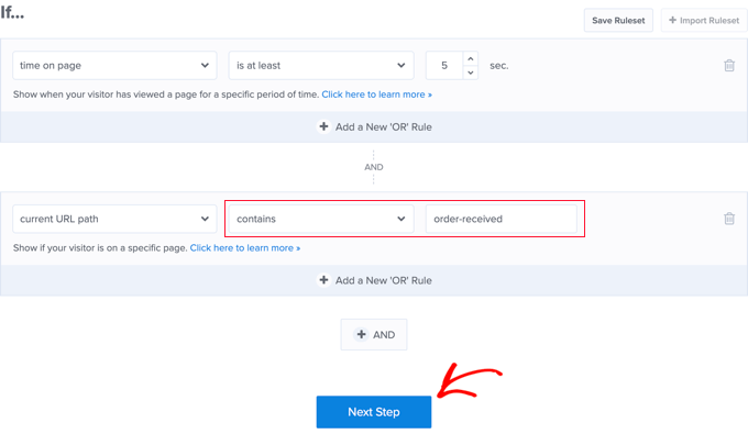 The Current URL Path Matches When Contains Order-Received