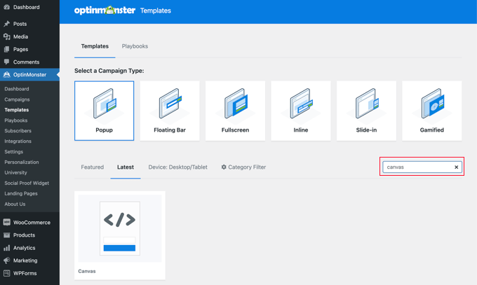 Search for the Canvas Template in OptinMonster