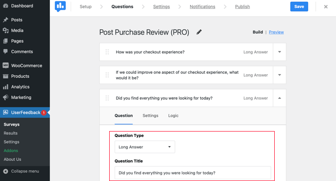 Editing a Survey Question in UserFeedback