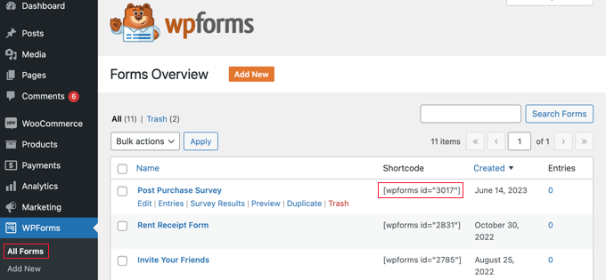 在 WPForms 中查找调查简码