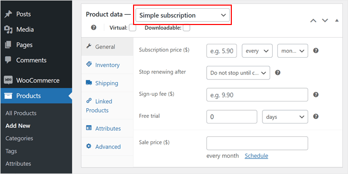 Choosing Simple Subscription in WooCommerce when adding a new product