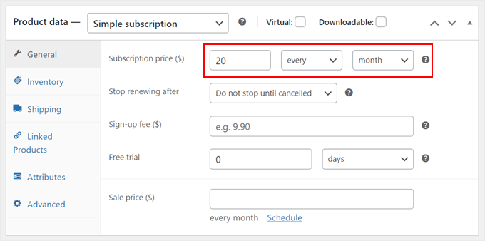 Configuring the subscription product's price in WooCommerce