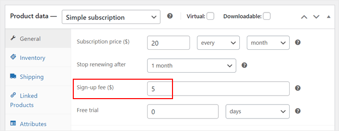 Setting up a signup fee for a WooCommerce subscription product