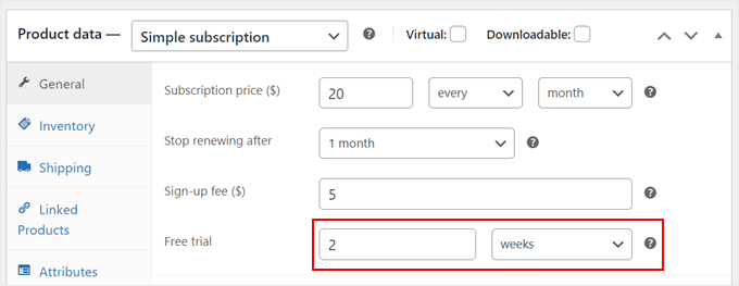 Setting up a free trial period for a WooCommerce subscription product