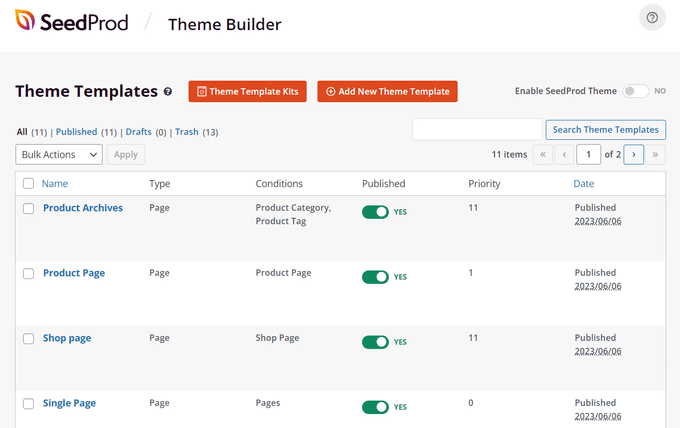SeedProd will import all template parts of the theme